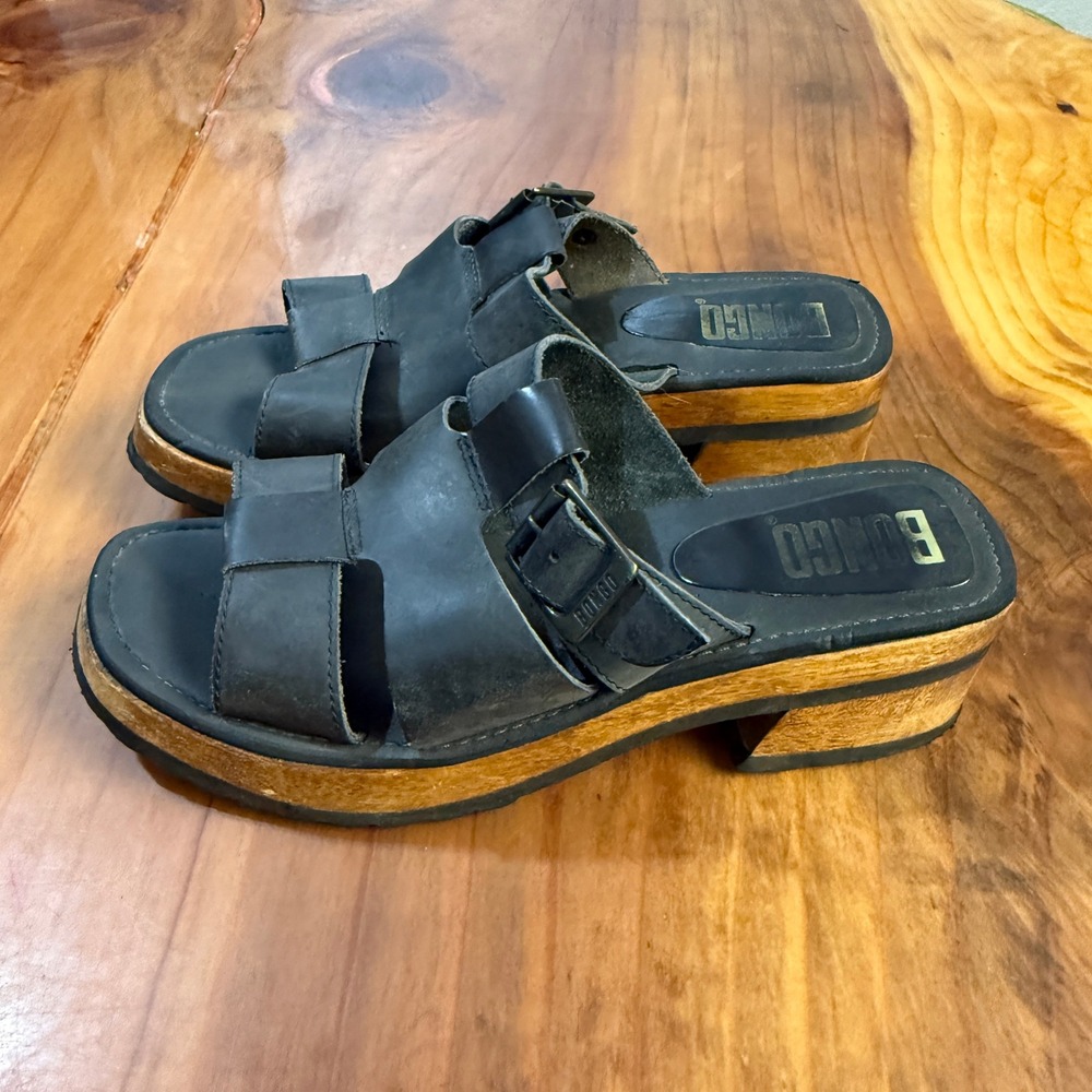Vintage Y2K Bongo Sandals 11 Leather Block Heel Slip On Buckle Shoe